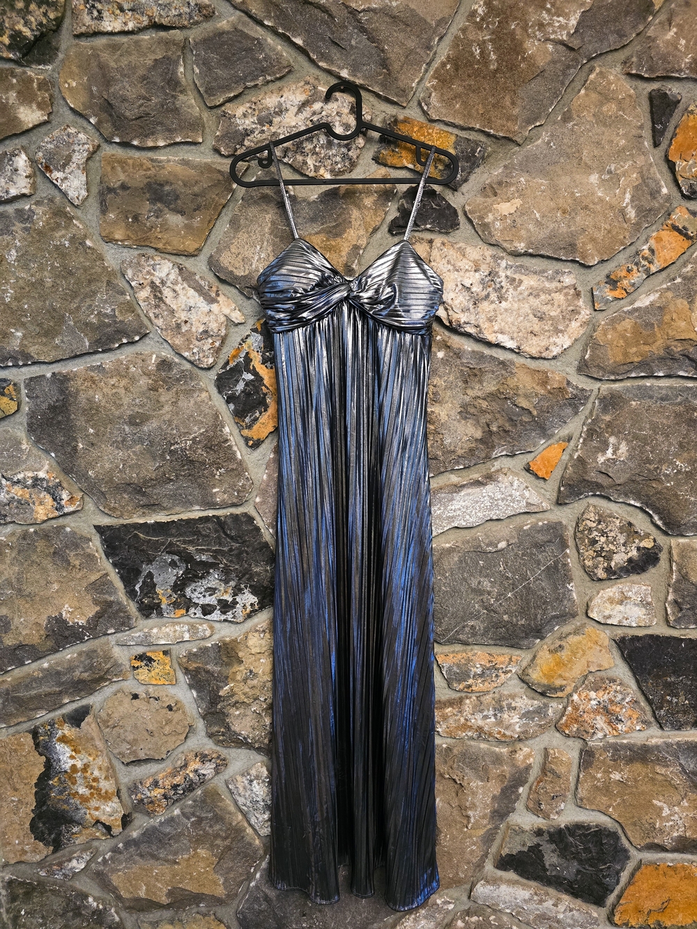 Metallic Silver Pleated Maxi Dress